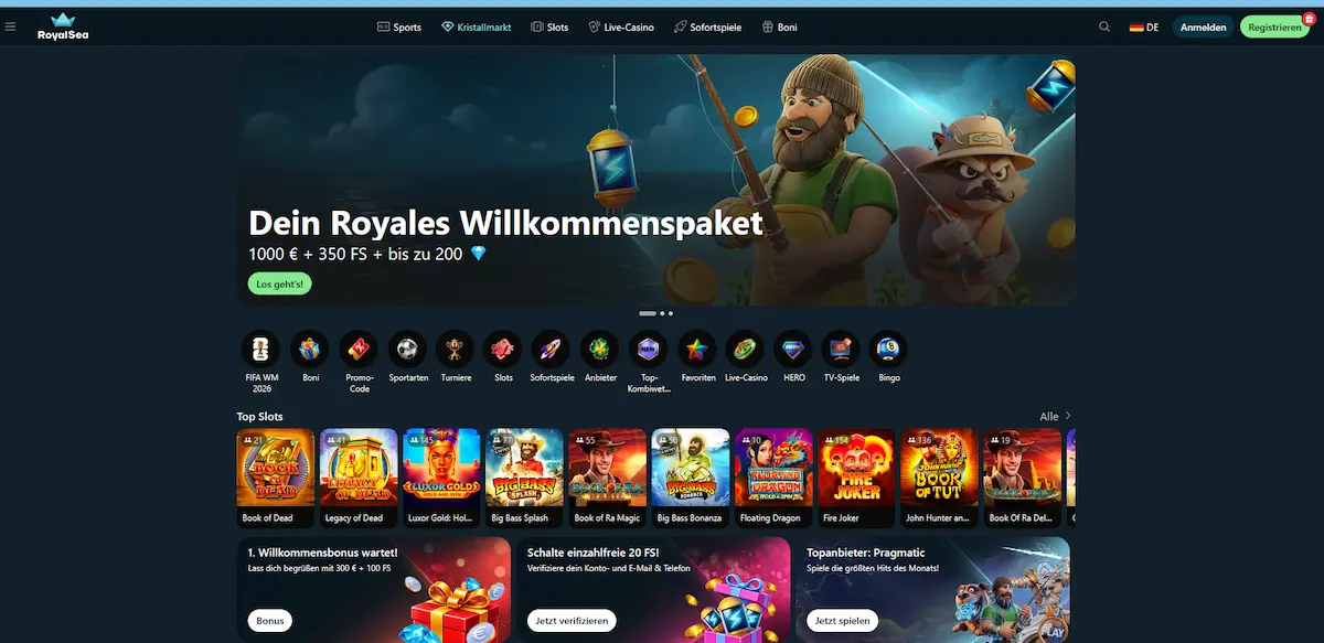 Startseite von Royalsea Casino mit Willkommenspaket und Spielkategorien