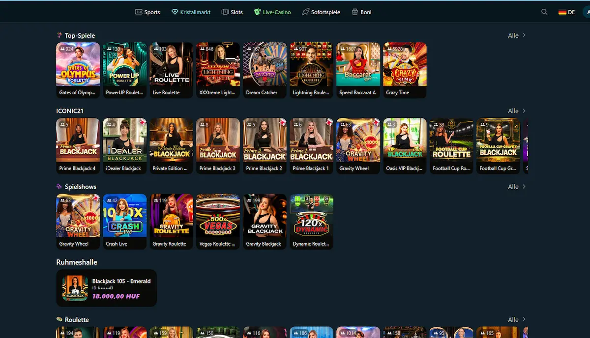 Live-Casino-Lobby von Royalsea mit Spielshows und Tischspielen