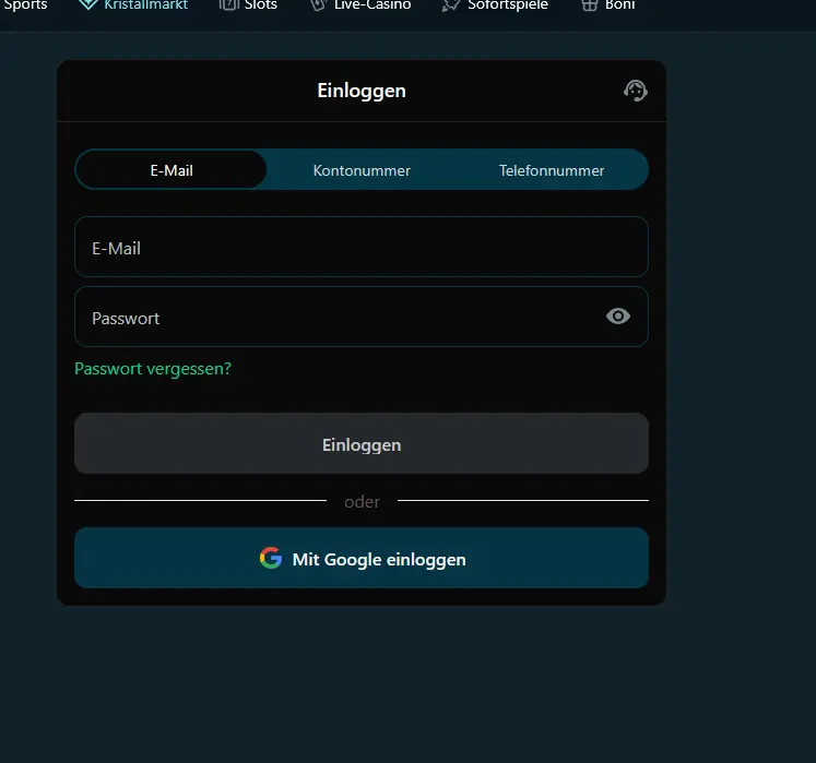 Login-Maske von Royalsea Casino mit E-Mail und Passwort