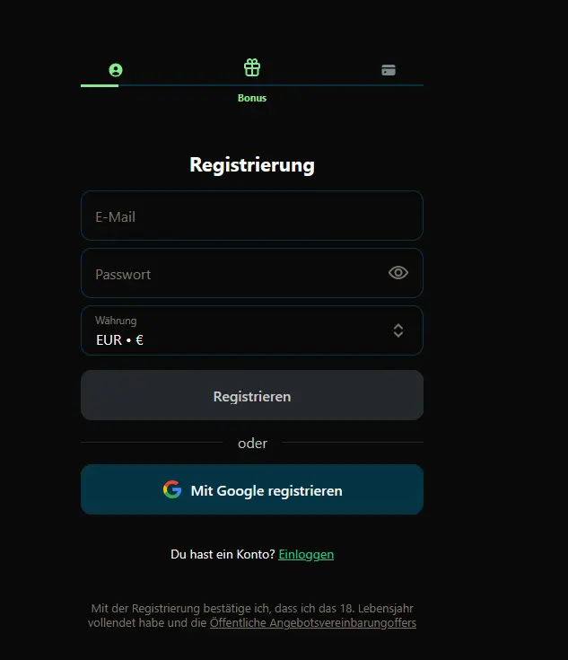 Registrierungsformular von Royalsea Casino mit E-Mail, Passwort und Währungswahl