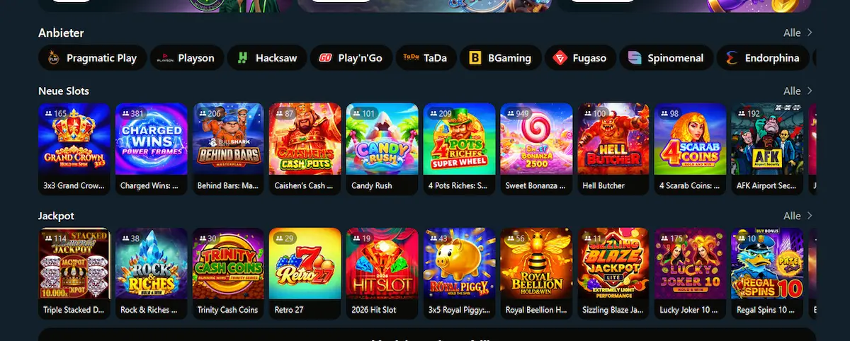 Slot-Lobby von Royalsea Casino mit Anbietern und Jackpot-Spielen