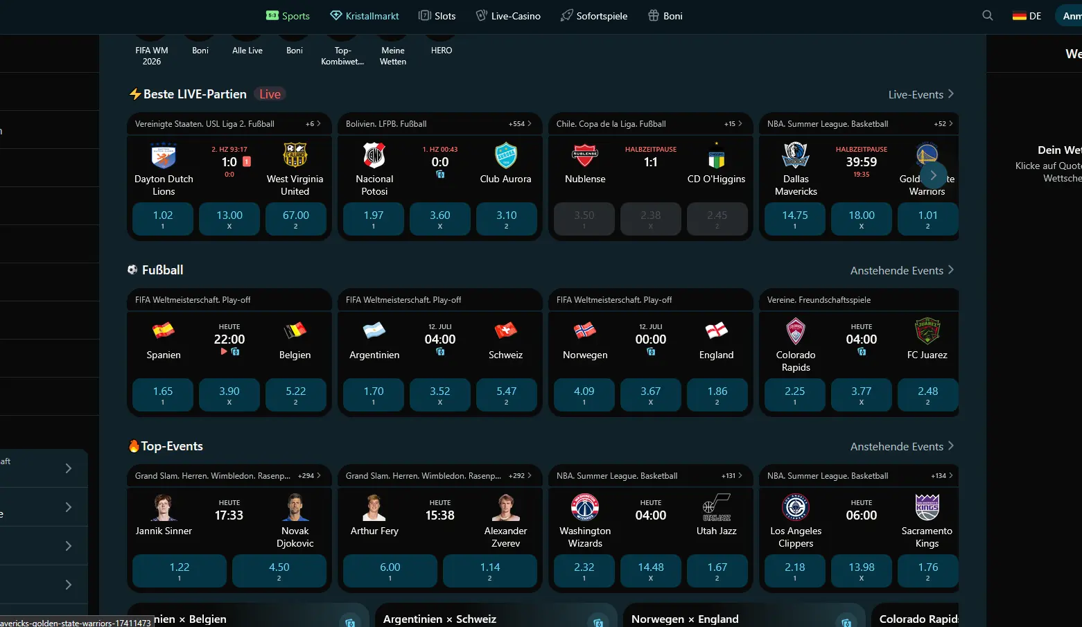 Sportwetten-Lobby von Royalsea mit Live-Partien und Top-Events